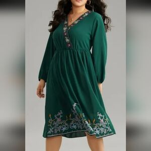 Green Floral Embroiderd Cross-over Elastic Waist Midi Dress